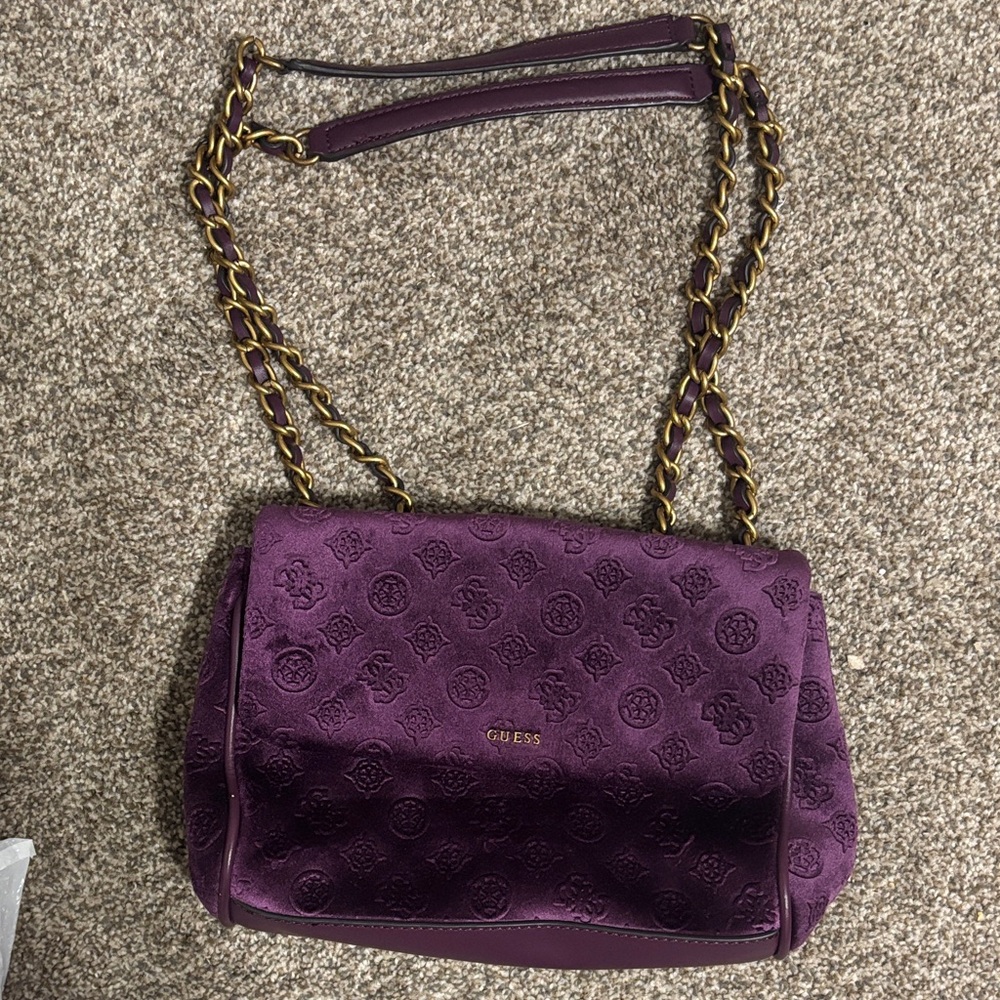 Guess Embossed Purple Shoulder Bag with Chain Strap